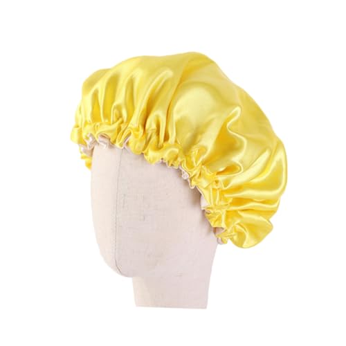 FOMIYES Schlafhaube aus Doppellagigem Satin Elastisch Verstellbar Haarschonender Schlafhut für Mädchen Bequemes Kopftuch für Schlaf Waschen und Duschen Gelb von FOMIYES