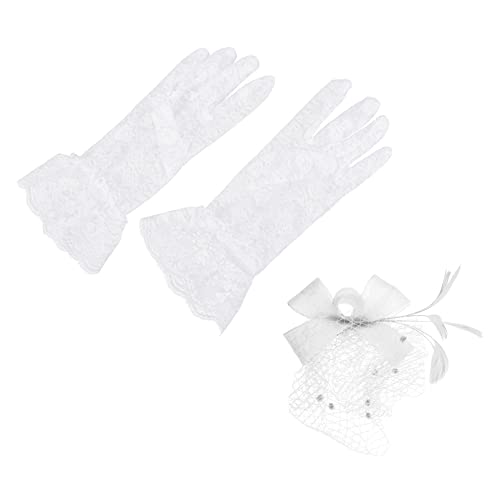 FOMIYES Schleier -Top -Huthandschuhe Braut durchsichtige Handschuhe Spitzenhandschuhe Damen Handschuhe für Opernpartys haarschmuck Bowknot-Fascinator Fascinator -Kopfschmuck Weiß von FOMIYES