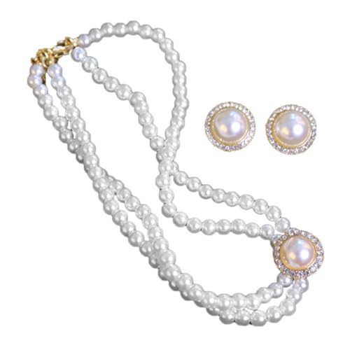 FOMIYES Schmuck Damen Perlenkette mit Ohrringen Imitation Perlen Halskette Choker Vergoldete Stecker Vintage Stil für Hochzeit Party und Besondere Anlässe von FOMIYES