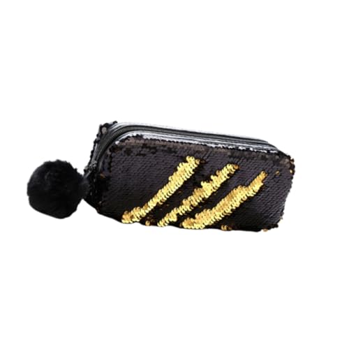 FOMIYES Schwarze Sequin Federmappe mit Pompon Modische Kosmetiktasche und Multifunktionale Glitter Tasche für Schule Reisen und Alltag Reißverschlussgesichert für Mädchen und Damen von FOMIYES