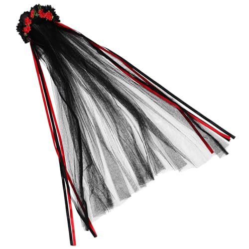 FOMIYES Schwarzes Rosen Stirnband mit Schleier und Band Haarschmuck für Halloween Karneval und Feste Damen Haaraccessoire mit Blumendekoration von FOMIYES