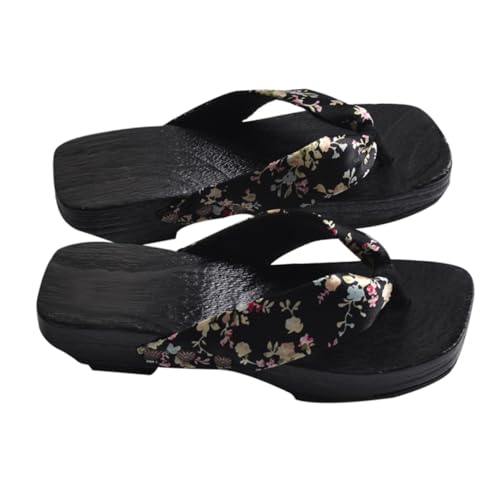 FOMIYES Sommer Damen Clogs Holz Sandalen Zehentrenner Stilvoll Komfortabel Rutschfest Traditionell Japanisch Hoher Absatz Strand Hausschuhe Schwarz Satin von FOMIYES