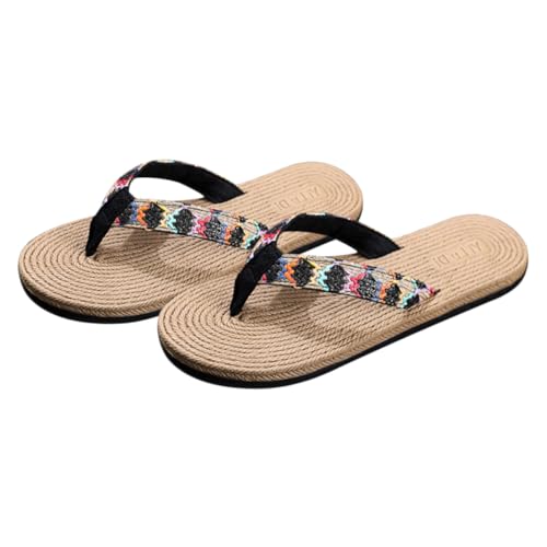 FOMIYES Sommer Sandalen Damen Strand Slipper Geflochtene Strohpantoffeln Flachboden Rutschfest Leicht Outdoor Hausschuhe Schwarz Für Freizeit und Urlaub von FOMIYES