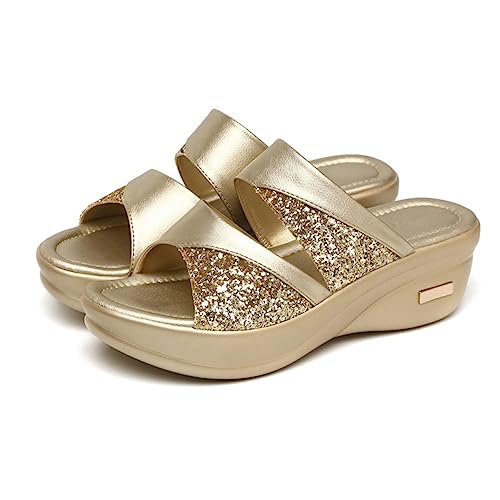 FOMIYES Sommerliche Damen Keilsandalen mit Dicker Sohle Stylische Fischmaul Goldfarbene Outdoor Slipper Bequeme Freizeit Schuhe für Damen von FOMIYES