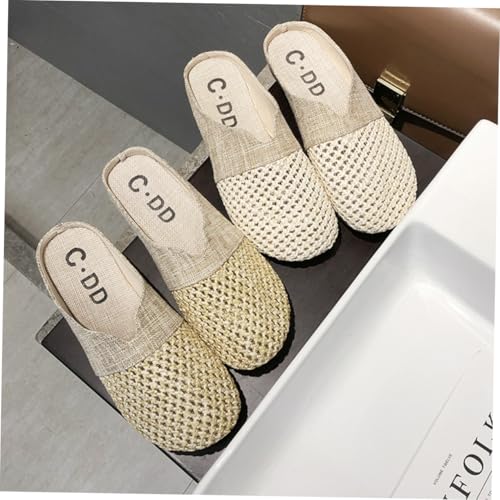 FOMIYES Straw Woven Flache Backless Slipper Damen Leicht Atmungsaktiv Rutschfest Bequeme Sommerschuhe Alltagsschlappen von FOMIYES