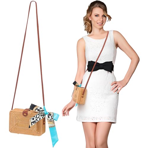 FOMIYES Stroh Umhängetasche Damen Sommer Strandtasche Handgefertigt Natürliche Basttasche Leicht Mit Passendem Seidenschal Für Urlaub Alltag von FOMIYES