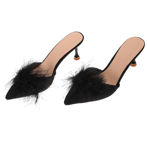 FOMIYES Transparente Damen Hausschuhe mit Spitzem Zeh Dünnem Absatz und Hochwertigem Flaum Atmungsaktiv und Modische Slipper für Partys und Alltag Schwarz von FOMIYES