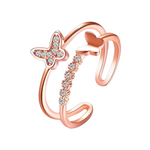 FOMIYES Verstellbarer Doppel Lagen Schmetterling Fingerring Damen Schmuck Strassbesetzt Elegant Offener Ring von FOMIYES
