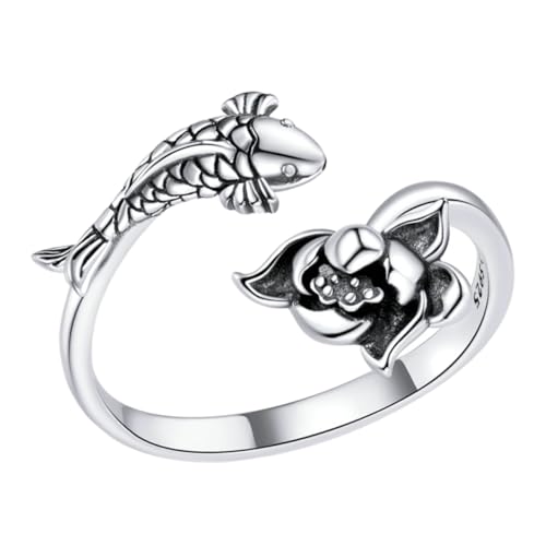 FOMIYES Offener Ring Verstellbar Mit Fisch Und Lotusblume Für Damen Blumenring Als Geschenk Für Frauen Und Mädchen Zum Party Und Alltag von FOMIYES