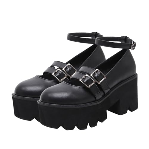 FOMIYES Vintage Damen Lederschuhe Rundkopf Dicke Sohle Stilvolle Freizeit Schuhe Retro Stil Bequeme Mode für Alltag und Büro Schwarz von FOMIYES