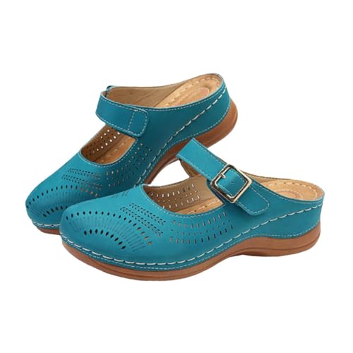 FOMIYES Vintage Wedges Damen Sandalen Bequeme Mittelhohe Absatz Pantoletten Komfortable Freizeitschuhe Sky Blau von FOMIYES