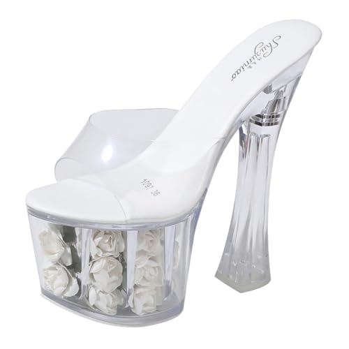 FOMIYES Wasserdichte Damen Sandalen Transparent Crystal Heels Chunky Sandaletten mit Breiten Riemen und Leichtem PU Material für Outdoor und Hochzeit Geeignet Weiß von FOMIYES