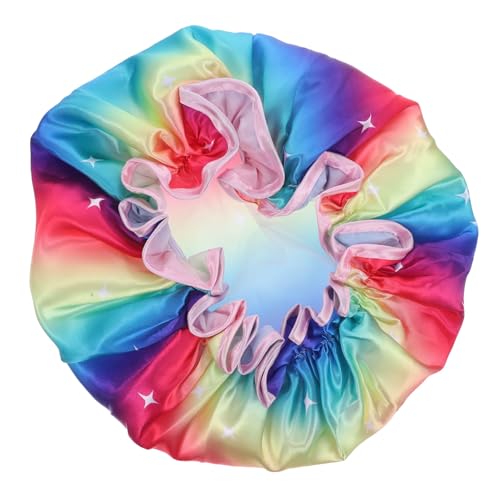 FOMIYES Wasserdichte Doppellagige Duschhaube aus Satin mit Regenbogen stern motiv Elastisch Große für Damen Multifunktionale Badekappe zum Schutz von Nassem Haar Beim Duschen Make up und von FOMIYES