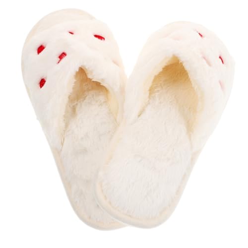 FOMIYES Weiche Damen Hausschuhe Weiß Offene Zehen Plüsch Pantoffeln Herzmotiv Rutschfeste Sohle Komfortable Flauschige Slipper für Innen und Außen von FOMIYES