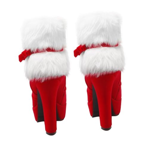 FOMIYES Weihnachtliche Damen Kurzschaft Stiefeletten Winterstiefel mit Hohem Absatz Kuscheligem Samtmaterial Schleifenapplikation und Seitlichem Reißverschluss Rutschfeste Gummisohle Warm von FOMIYES