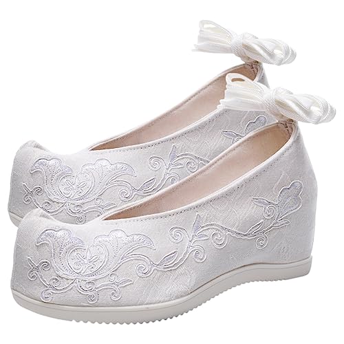 FOMIYES Weiße Hanfu Bestickte Baumwollschuhe Damen Hochzeitsflache mit Dickem Sohlenabsatz Eleganter Ethno Stil Leicht Atmungsaktiv für Brautkleid und Festliche Anlässe von FOMIYES