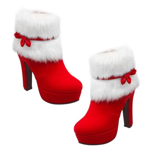 FOMIYES Winterstiefel Damen Kurzschaft mit Hohem Absatz Warm Gefüttert Rotes Samtmaterial Rutschfeste Plattform Weihnachts Ankle Boots für Kalte Tage von FOMIYES