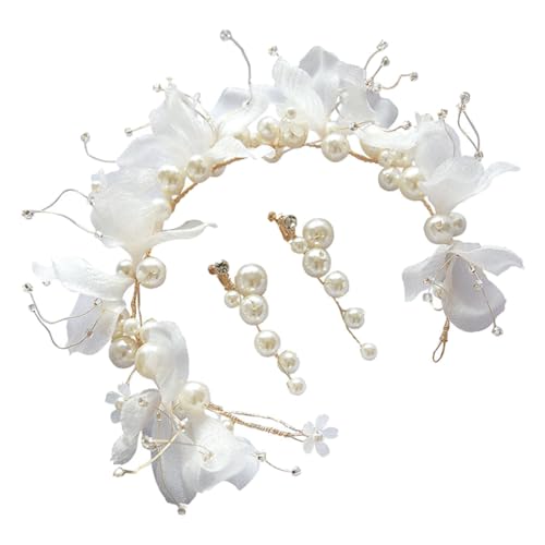 FOMIYES Weihnachtsschmuck Geschenk Perlenohrringe Haarrebe Perlenstirnband Hochzeitsperlen Haarteil Perlen Blumenhaarband Hochzeit Perle Haarband Tiara Weiß Stoffblumen Braut Juan Garn von FOMIYES