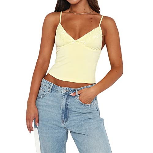 FOMOYUU Damen Ärmellose Träger-Croped Tank Tops Sexy Skinny Sweetheart-Ausschnitt Ausgehen Cami Shirt Y2K Rückenfrei Bustier, 3-gelb, Klein von FOMOYUU