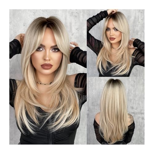 Perücke Blonde lange glatte hitzebeständige Perücke mit Pony for Tagespartys for Damen, synthetisches gestuftes Haar Perücke Blonde lange glatte hitzebeständige Perücke mit Pony for Tagespartys for Damen, synthetisches gestuftes Haar von FOMWWVYS