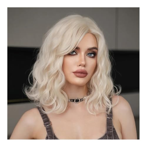 Perücke Blonde weiße Perücke mit 150 Dichte, Mittelteil for Damen, tägliche kurze, gewellte Bob-Perücken mit Vorhang-Pony von FOMWWVYS