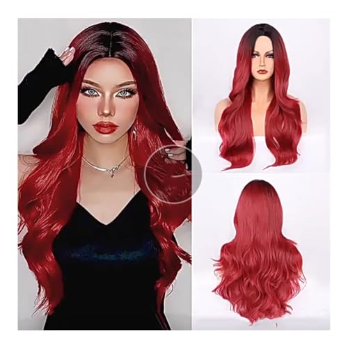 Perücke Damen-Perücke mit großer Welle, den ganzen Kopf bedeckend, mit Farbverlauf, rot, langes lockiges Haar, Faserperücken Perücke Damen-Perücke mit großer Welle, den ganzen Kopf bedeckend, mit Farbverlauf, rot, langes lockiges Haar, Faserperücken von FOMWWVYS