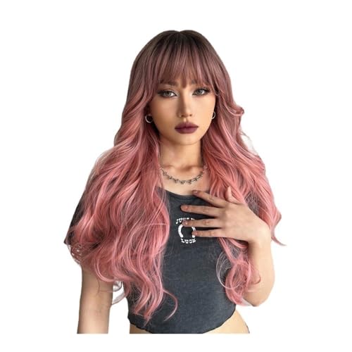 Perücke Farbverlauf Rosa mittellanges lockiges Haar Elegante europäische und chemische Faserperücke Kopfbedeckung Frauen Perücke Farbverlauf Rosa mittellanges lockiges Haar Elegante europäische und chemische Faserperücke Kopfbedeckung Frauen von FOMWWVYS