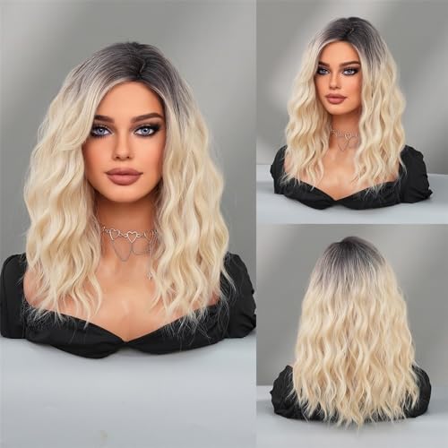 Perücke Hitzebeständige Kunsthaarperücke for Damen – schulterlang, lockig, mit seitlichem Pony(Gold) von FOMWWVYS