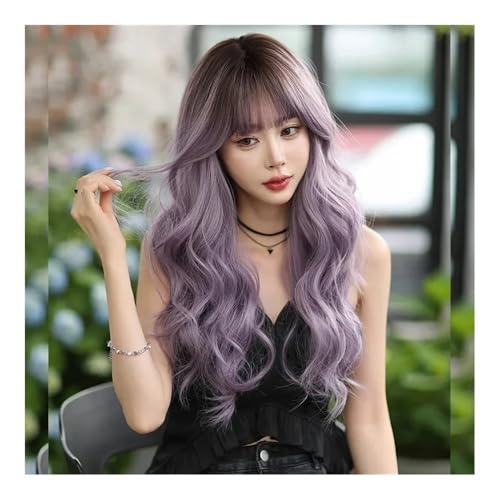 Perücke Kostüm-Perücke, lange, lockere, gewellte, hellbraune Perücke for Frauen, tägliche Party, hohe Dichte, geschichtete, gewellte Perücken mit Pony(Purple) von FOMWWVYS