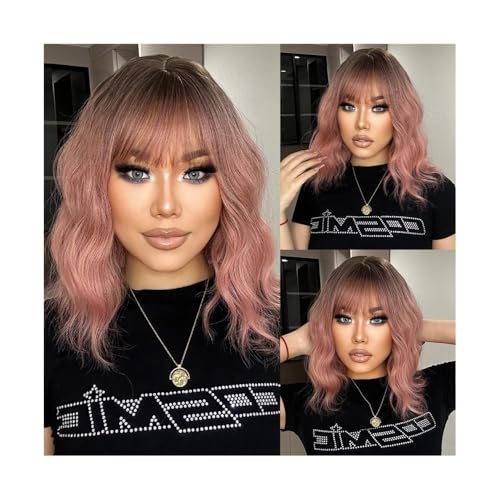 Perücke Kurze Ombre-Rosa-Bob-Perücke mit Pony, synthetische lockige Perücken mit dunklen Wurzeln for Frauen, schulterlang, Cosplay, tägliches Haar, hitzebeständig Perücke Kurze Ombre-Rosa-Bob-Perücke mit Pony, synthetische lockige Perücken mit dunklen Wurzeln for Frauen, schulterlang, Cosplay, tägliches Haar, hitzebeständig von FOMWWVYS