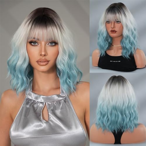 Perücke Kurze lockige Bob-Perücke for Damen mit Pony – hitzebeständige Kunstfaser(Salt water blue) von FOMWWVYS