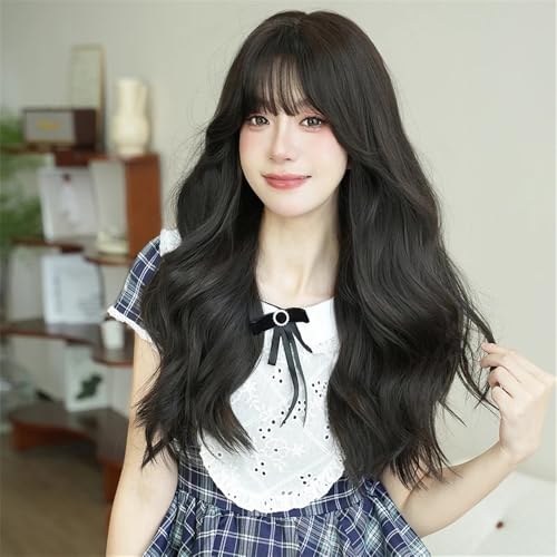 Perücke Lange gewellte braune Damenperücke for Frauen, tägliche Party, lange gewellte Perücken mit flauschigem Pony(Black) von FOMWWVYS