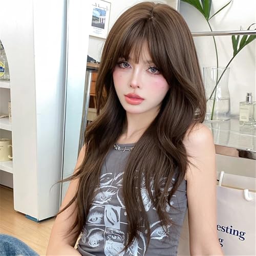 Perücke Lange gewellte braune Damenperücke for Frauen, tägliche Party, lange gewellte Perücken mit flauschigem Pony(Brown) von FOMWWVYS