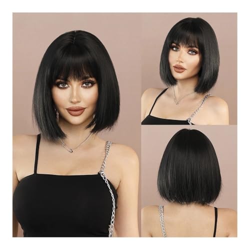 Perücke Rosafarbene kurze Perücke for Damen, tägliche Party, Overhead-Färbung, schwarze, natürliche, synthetische, lavendelfarbene, gerade Perücken(Black) von FOMWWVYS