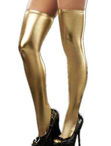 FONDBERYL Damen Golden Overknee Strümpfe mit Spitze in Wetlook Optik Kniestrümpfe M von FONDBERYL