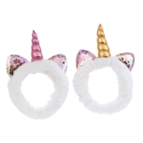 FONDOTIN 2 Stück Teiliges Einhorn Haarband mit Elastischem Korallenflauschigem Stirnband Glitzerndem Einhorn Design Modischem Haarreif für Damen und Mädchen Geeignet zum Schminken Duschen von FONDOTIN