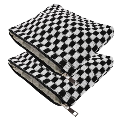FONDOTIN 2 Stück Teiliges Große Karierte Strick-Kosmetiktasche mit Viel Stauraum Weiches Material Moderner Schachbrett-Look Geräumiger Make-up Organizer für Reisen Schule Damen und Mädchen von FONDOTIN