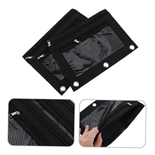 FONDOTIN 2 Stück Teiliges Oxford Federmäppchen mit Reißverschluss und Mesh Fenster Dreilochgeeignet Doppellagig Stifteetui für Schule und Büro Schwarz von FONDOTIN