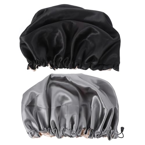 FONDOTIN 2 Stück Teiliges Satin Verstellbar Elastisch Weich für Damen Schlaf Badehaube Makeup Hair Cap Schutz Haare Schwarz von FONDOTIN