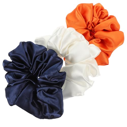 FONDOTIN 3 Stück Extra Große Satin Haargummis für Damen und Mädchen Sanfte Glatte in Weiß Orange und Schonende Ponytail Halter für Dickes Haar und Stilvolle Frisuren von FONDOTIN