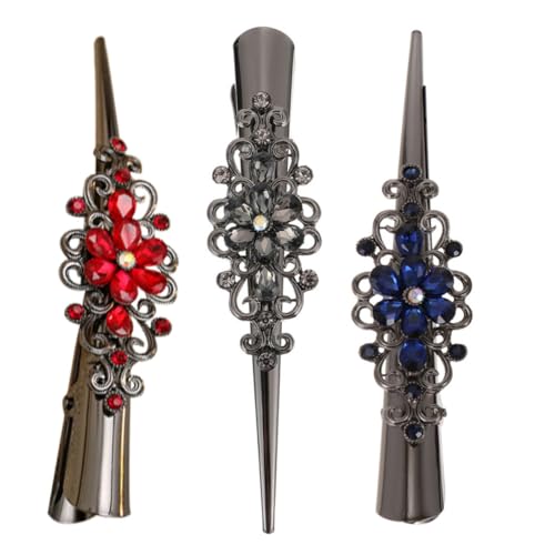 FONDOTIN 3 Stück Teiliges Retro Haarspangen Metall Strass Krokodil Haarklammern für Frauen und Mädchen Rutschfeste Große Haarklammer Clips in Schwarz Blau und Rot für Dickes und Dünnes von FONDOTIN