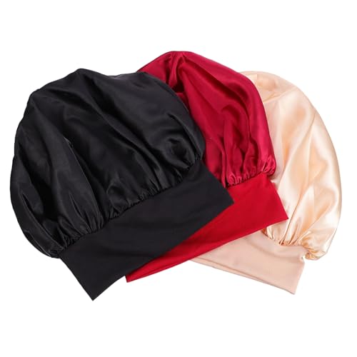 FONDOTIN 3 Stück Verstellbare Elastische Doppellagige Satin Haarkappen für Damen Atmungsaktive Schlafhauben zur Haarschonung Schonender Schutz gegen Haarbruch und Knoten in Khaki Schwarz von FONDOTIN