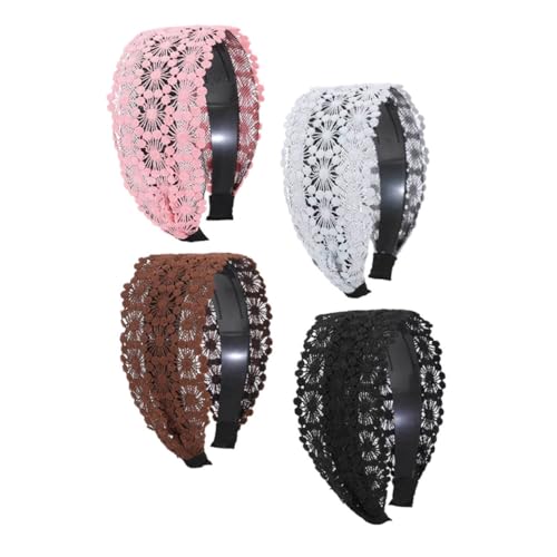 FONDOTIN 4 Stück Breites Rutschfestes Stirnband Zartem Spitzen design in Schwarz Kaffee Rosa und Hellgrau Stilvolle Damen Haarreifen für Mädchen Vielseitiger Haarschmuck für Party und von FONDOTIN
