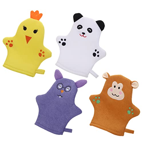 FONDOTIN 4 Stück Cartoon Waschhandschuhe für Kinder Hautfreundliche Peeling Duschhandschuhe in Tierform für Bad und Körperreinigung Weiche Doppelseitige Badezubehör für Sanfte Hautpflege von FONDOTIN