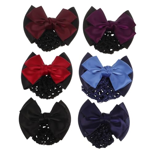 FONDOTIN 6 Stück Professionelles Teiliges Elastisches Haarnetz mit Schleifen Haarspange für Damen Vielseitig Einsetzbar im Büro Party und Alltag Farblich Sortiert Rot Blau Weinrot von FONDOTIN