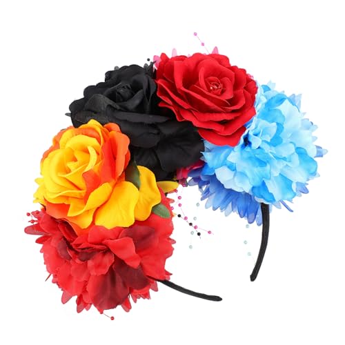 FONDOTIN Blumenkranz Haarband mit Tropischen Stoffblumen Mehrfarbiges Perlen Headpiece Festlicher Blumenschmuck für Hochzeit Festival Fotoshooting Damen und Mädchen von FONDOTIN
