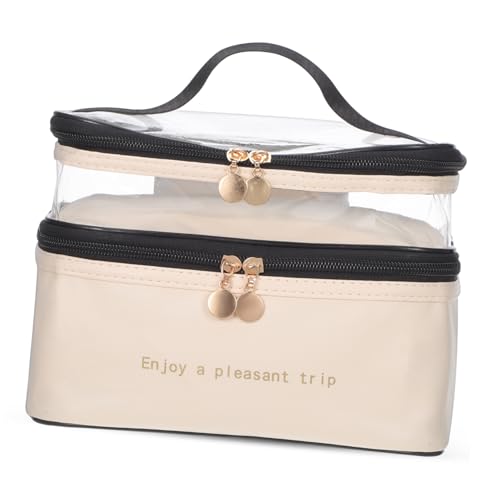FONDOTIN Große Doppellagige Kosmetiktasche mit Sicherem Reißverschluss Vielseitiger Kulturbeutel für Damen und Herren Reise Make Up Organizer mit Praktischem Tragegriff Beige von FONDOTIN