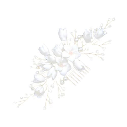 FONDOTIN Handgefertigter Weißer Polymer Blumen Haarkamm mit Perlen und Kristallperlen Braut Haarschmuck Steckkamm für Hochzeit Vielseitiger Schmuck für Braut und Brautjungfern Accessoire von FONDOTIN
