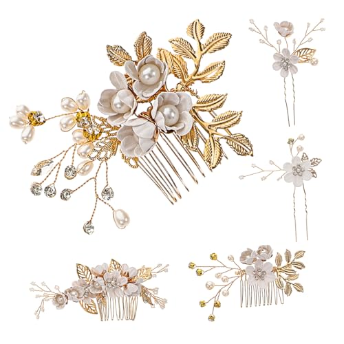 FONDOTIN Handgefertigtes Teiliges Braut Haarschmuck mit Perlenblumen Goldfaden Haarkamm und Haarnadeln Eleganter Kopfschmuck für Hochzeiten Festliche Frisuren Damen und Mädchen von FONDOTIN