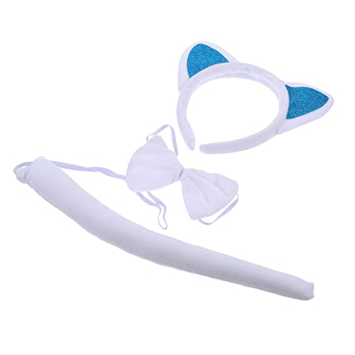 FONDOTIN Katzenohren Haarreif mit Schleife und Katzenschwanz Weiches Plüsch Cosplay Tierkostüm Zubehör für Party Karneval und Fotoshooting Süßer Tier headband mit Blauem Glitzer von FONDOTIN
